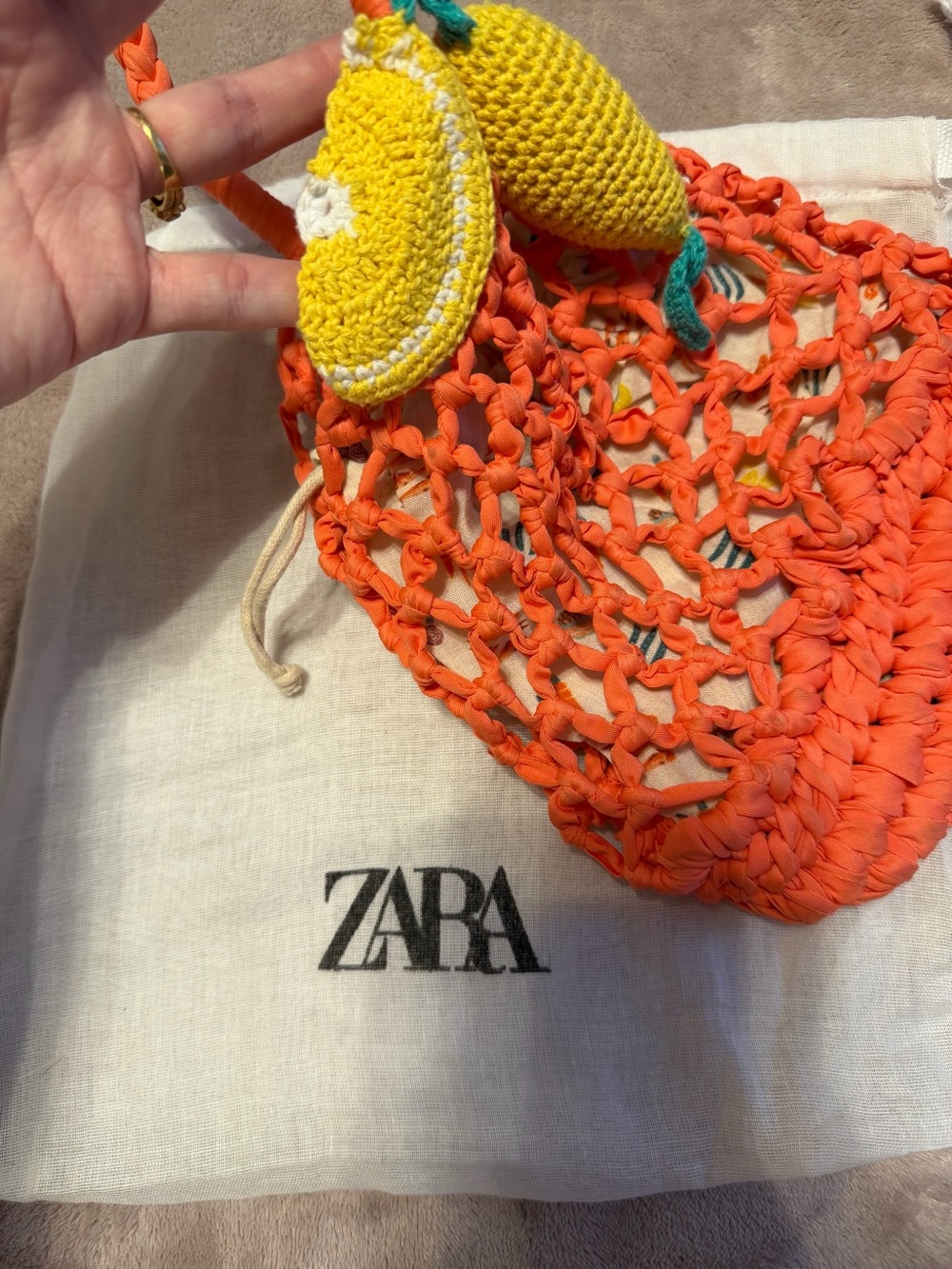 ZARA Girls Orange Crochet Small Tote with Yellow Lemon Charm